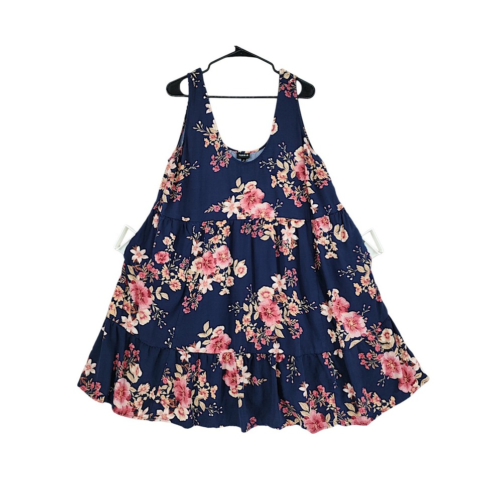 Torrid Babydoll Dress 2 2X Navy Pink Floral Tiered Sleeveless Mini Boho Prairie